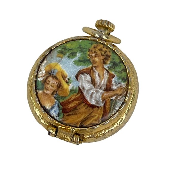 House of Fuller Vintage Gold Tone Perfume Holder Pendant With Romantic Scene Ena - Picture 4 of 9
